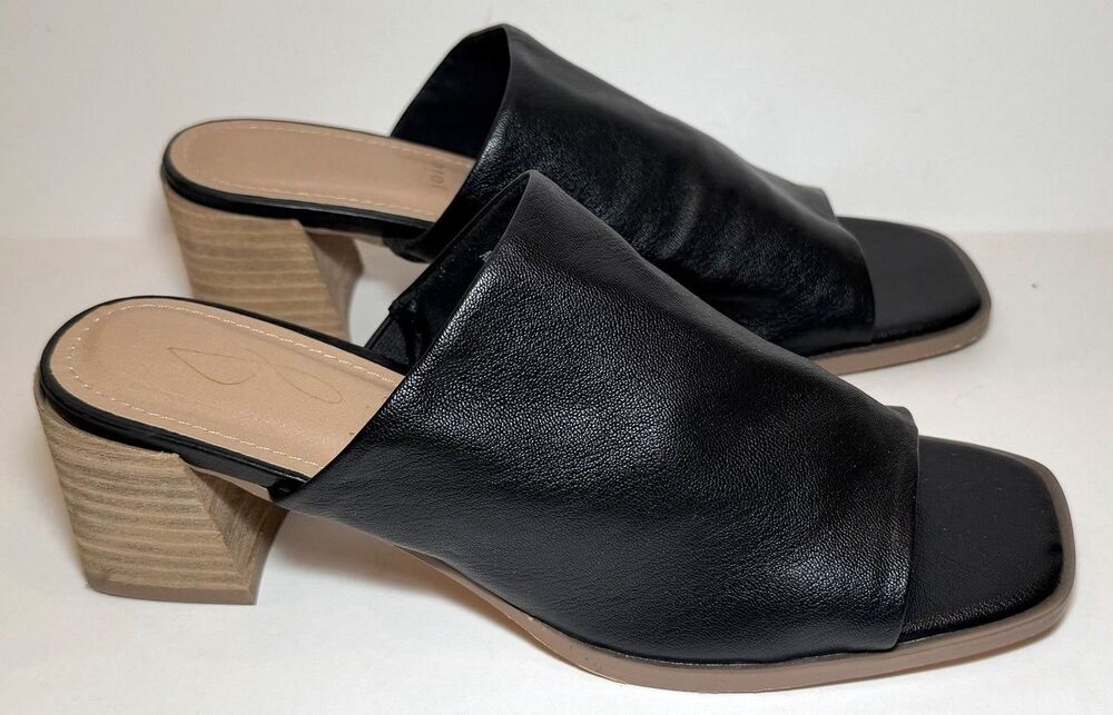 Joie Olympia Black Faux Leather Square Toe Block Heel Mule Sandals 7.5M